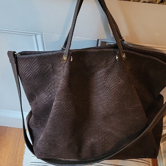 Suede J. McLaughlin Large Brown Croc Pattern Convertible Satchel - Picture 2 of 15